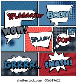 Abstract creative concept comic pop art style blank, layout template with clouds beams and isolated dots background. For sale banner, empty speech bubble set, vector illustration halftone book design