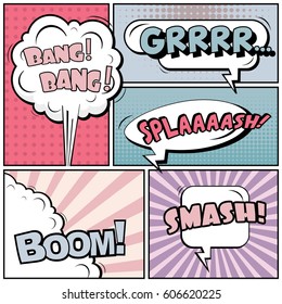 Abstract creative concept comic pop art style blank, layout template with clouds beams and isolated dots background. For sale banner, empty speech bubble set, vector illustration halftone book design