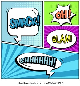 Abstract creative concept comic pop art style blank, layout template with clouds beams and isolated dots background. For sale banner, empty speech bubble set, vector illustration halftone book design