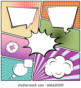Abstract creative concept comic pop art style blank, layout template with clouds beams and isolated dots background. For sale banner, empty speech bubble set, vector illustration halftone book design