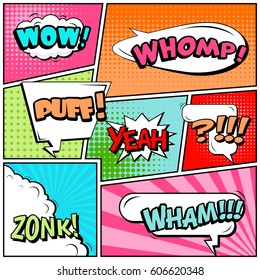 Abstract creative concept comic pop art style blank, layout template with clouds beams and isolated dots background. For sale banner, empty speech bubble set, vector illustration halftone book design