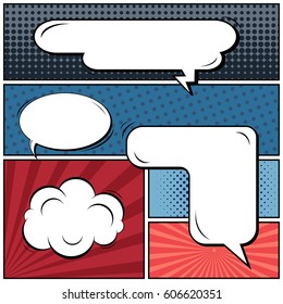 Abstract creative concept comic pop art style blank, layout template with clouds beams and isolated dots background. For sale banner, empty speech bubble set, vector illustration halftone book design