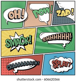Abstract creative concept comic pop art style blank, layout template with clouds beams and isolated dots background. For sale banner, empty speech bubble set, vector illustration halftone book design