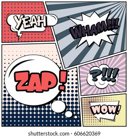 Abstract creative concept comic pop art style blank, layout template with clouds beams and isolated dots background. For sale banner, empty speech bubble set, vector illustration halftone book design