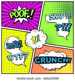 Abstract creative concept comic pop art style blank, layout template with clouds beams and isolated dots background. For sale banner, empty speech bubble set, vector illustration halftone book design