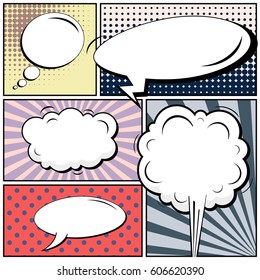 Abstract creative concept comic pop art style blank, layout template with clouds beams and isolated dots background. For sale banner, empty speech bubble set, vector illustration halftone book design