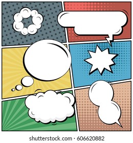 Abstract creative concept comic pop art style blank, layout template with clouds beams and isolated dots background. For sale banner, empty speech bubble set, vector illustration halftone book design