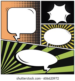 Abstract creative concept comic pop art style blank, layout template with clouds beams and isolated dots background. For sale banner, empty speech bubble set, vector illustration halftone book design