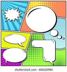 Abstract creative concept comic pop art style blank, layout template with clouds beams and isolated dots background. For sale banner, empty speech bubble set, vector illustration halftone book design