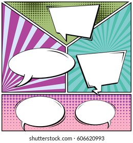 Abstract creative concept comic pop art style blank, layout template with clouds beams and isolated dots background. For sale banner, empty speech bubble set, vector illustration halftone book design