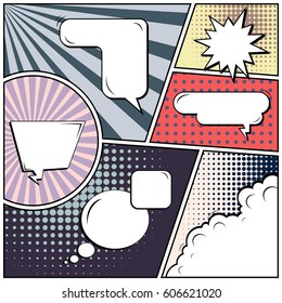 Abstract creative concept comic pop art style blank, layout template with clouds beams and isolated dots background. For sale banner, empty speech bubble set, vector illustration halftone book design