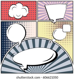 Abstract creative concept comic pop art style blank, layout template with clouds beams and isolated dots background. For sale banner, empty speech bubble set, vector illustration halftone book design