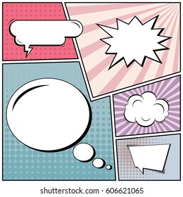 Abstract creative concept comic pop art style blank, layout template with clouds beams and isolated dots background. For sale banner, empty speech bubble set, vector illustration halftone book design
