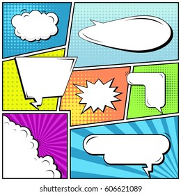 Abstract creative concept comic pop art style blank, layout template with clouds beams and isolated dots background. For sale banner, empty speech bubble set, vector illustration halftone book design