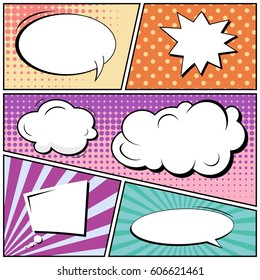 Abstract creative concept comic pop art style blank, layout template with clouds beams and isolated dots background. For sale banner, empty speech bubble set, vector illustration halftone book design