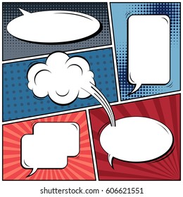 Abstract creative concept comic pop art style blank, layout template with clouds beams and isolated dots background. For sale banner, empty speech bubble set, vector illustration halftone book design