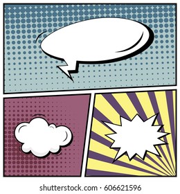 Abstract creative concept comic pop art style blank, layout template with clouds beams and isolated dots background. For sale banner, empty speech bubble set, vector illustration halftone book design