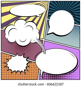 Abstract creative concept comic pop art style blank, layout template with clouds beams and isolated dots background. For sale banner, empty speech bubble set, vector illustration halftone book design