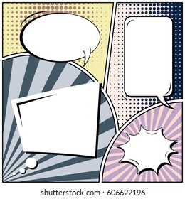 Abstract creative concept comic pop art style blank, layout template with clouds beams and isolated dots background. For sale banner, empty speech bubble set, vector illustration halftone book design