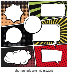 Abstract creative concept comic pop art style blank, layout template with clouds beams and isolated dots background. For sale banner, empty speech bubble set, vector illustration halftone book design