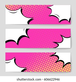 Abstract creative concept comic pop art style blank, layout template with clouds beams and isolated dots background. For sale banner, empty speech bubble set, vector illustration halftone book design