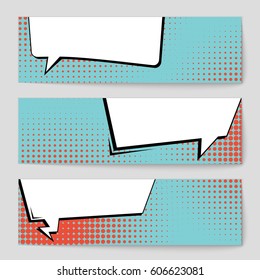Abstract creative concept comic pop art style blank, layout template with clouds beams and isolated dots background. For sale banner, empty speech bubble set, vector illustration halftone book design