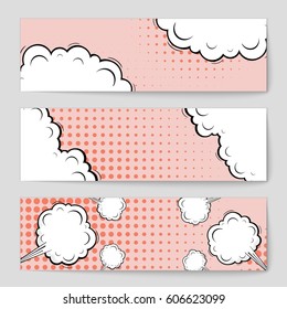 Abstract creative concept comic pop art style blank, layout template with clouds beams and isolated dots background. For sale banner, empty speech bubble set, vector illustration halftone book design
