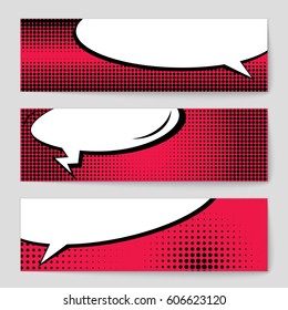 Abstract creative concept comic pop art style blank, layout template with clouds beams and isolated dots background. For sale banner, empty speech bubble set, vector illustration halftone book design