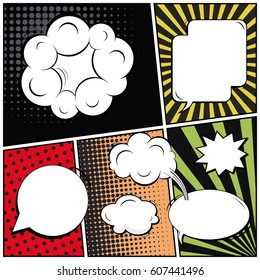 Abstract creative concept comic pop art style blank, layout template with clouds beams and isolated dots background. For sale banner, empty speech bubble set, vector illustration halftone book design