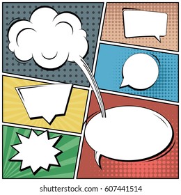 Abstract creative concept comic pop art style blank, layout template with clouds beams and isolated dots background. For sale banner, empty speech bubble set, vector illustration halftone book design