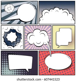 Abstract creative concept comic pop art style blank, layout template with clouds beams and isolated dots background. For sale banner, empty speech bubble set, vector illustration halftone book design