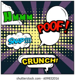 Abstract creative concept comic pop art style blank, layout template with clouds beams and isolated dots background. For sale banner, empty speech bubble set, vector illustration halftone book design