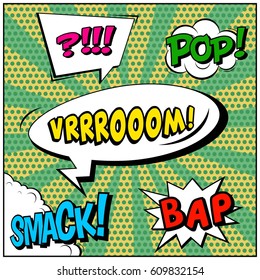 Abstract creative concept comic pop art style blank, layout template with clouds beams and isolated dots background. For sale banner, empty speech bubble set, vector illustration halftone book design