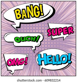 Abstract creative concept comic pop art style blank, layout template with clouds beams and isolated dots background. For sale banner, empty speech bubble set, vector illustration halftone book design