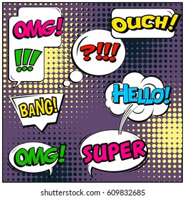 Abstract creative concept comic pop art style blank, layout template with clouds beams and isolated dots background. For sale banner, empty speech bubble set, vector illustration halftone book design