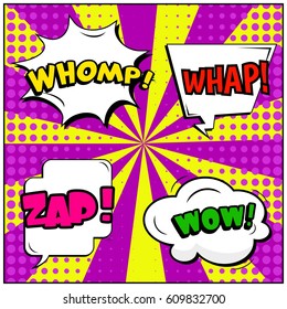 Abstract creative concept comic pop art style blank, layout template with clouds beams and isolated dots background. For sale banner, empty speech bubble set, vector illustration halftone book design
