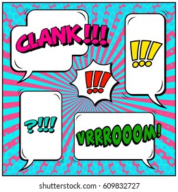 Abstract creative concept comic pop art style blank, layout template with clouds beams and isolated dots background. For sale banner, empty speech bubble set, vector illustration halftone book design