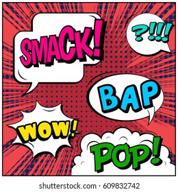 Abstract creative concept comic pop art style blank, layout template with clouds beams and isolated dots background. For sale banner, empty speech bubble set, vector illustration halftone book design