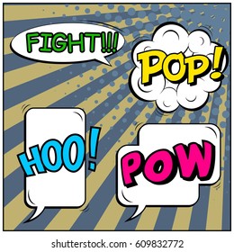 Abstract creative concept comic pop art style blank, layout template with clouds beams and isolated dots background. For sale banner, empty speech bubble set, vector illustration halftone book design