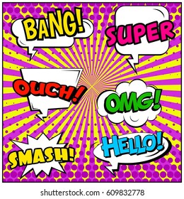 Abstract creative concept comic pop art style blank, layout template with clouds beams and isolated dots background. For sale banner, empty speech bubble set, vector illustration halftone book design