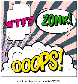 Abstract creative concept comic pop art style blank, layout template with clouds beams and isolated dots background. For sale banner, empty speech bubble set, vector illustration halftone book design