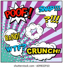 Abstract creative concept comic pop art style blank, layout template with clouds beams and isolated dots background. For sale banner, empty speech bubble set, vector illustration halftone book design
