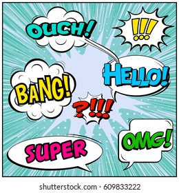 Abstract creative concept comic pop art style blank, layout template with clouds beams and isolated dots background. For sale banner, empty speech bubble set, vector illustration halftone book design