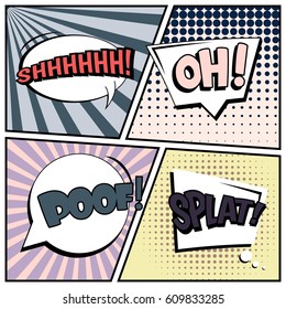 Abstract creative concept comic pop art style blank, layout template with clouds beams and isolated dots background. For sale banner, empty speech bubble set, vector illustration halftone book design