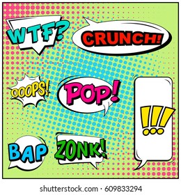 Abstract creative concept comic pop art style blank, layout template with clouds beams and isolated dots background. For sale banner, empty speech bubble set, vector illustration halftone book design