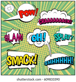 Abstract creative concept comic pop art style blank, layout template with clouds beams and isolated dots background. For sale banner, empty speech bubble set, vector illustration halftone book design