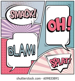 Abstract creative concept comic pop art style blank, layout template with clouds beams and isolated dots background. For sale banner, empty speech bubble set, vector illustration halftone book design