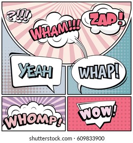 Abstract creative concept comic pop art style blank, layout template with clouds beams and isolated dots background. For sale banner, empty speech bubble set, vector illustration halftone book design