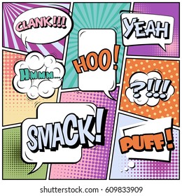 Abstract creative concept comic pop art style blank, layout template with clouds beams and isolated dots background. For sale banner, empty speech bubble set, vector illustration halftone book design