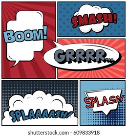 Abstract creative concept comic pop art style blank, layout template with clouds beams and isolated dots background. For sale banner, empty speech bubble set, vector illustration halftone book design